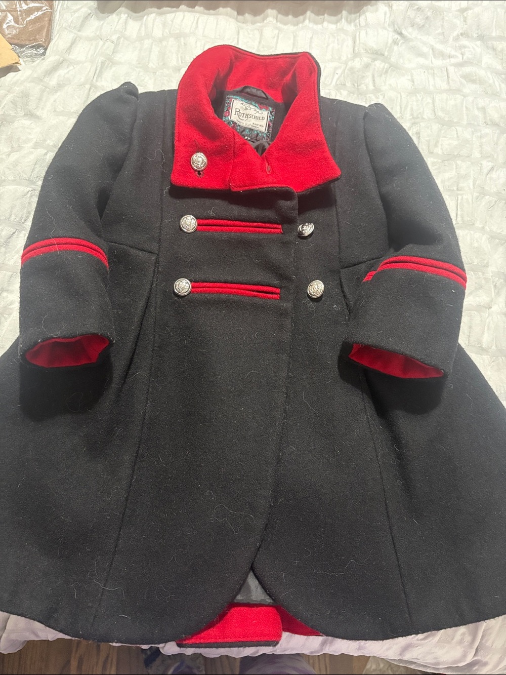 Rothschild Black Wool Pea Coat with Red Trim